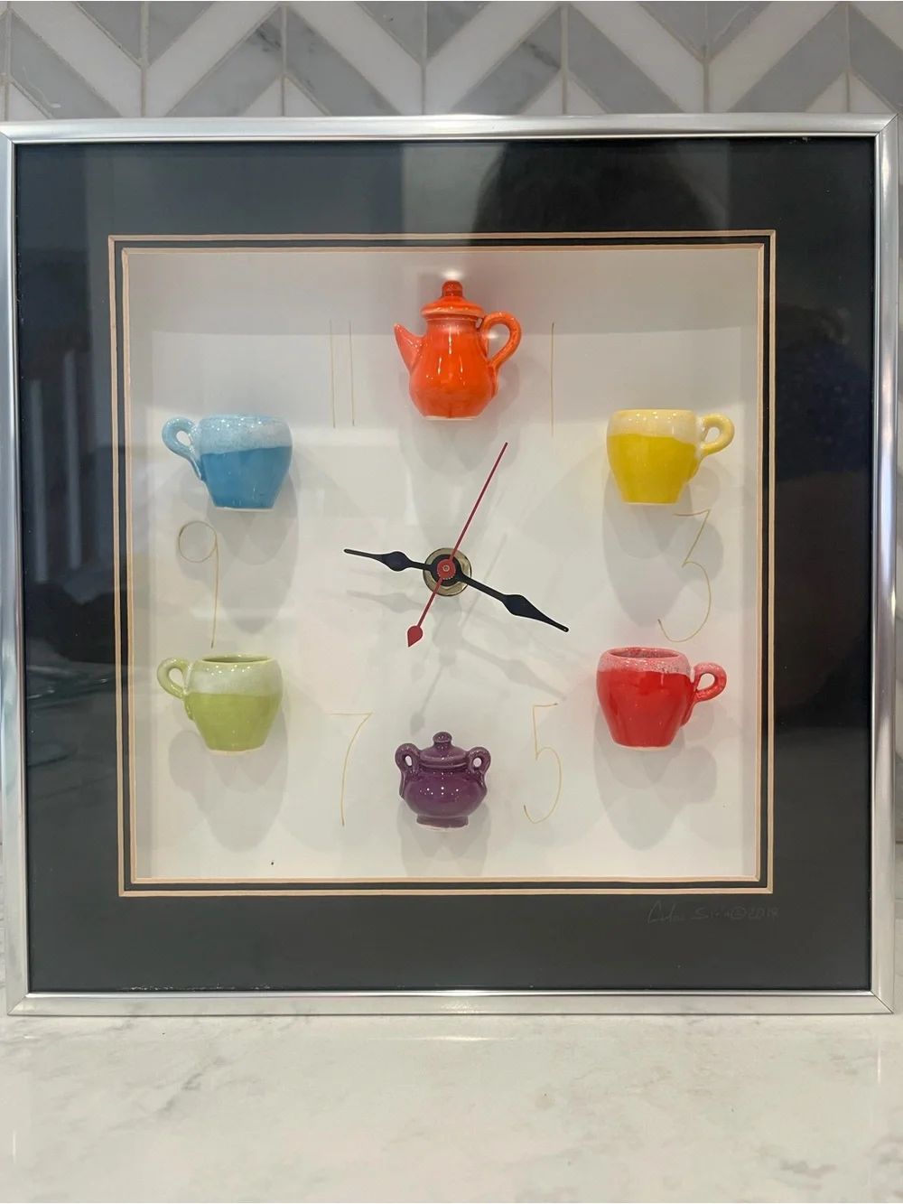 Centuries Clayworks Framed Miniature Ceramic Kettle & Cups Art By Carlos Silva